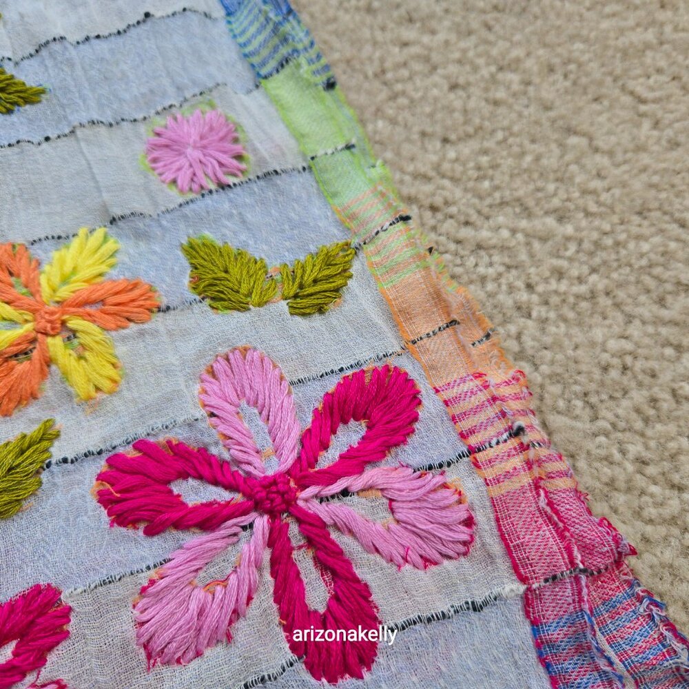 Crinkle Cotton Scarf With Colorful Yarn Flowers Hand-Embroidered Boho - Picture 4 of 12